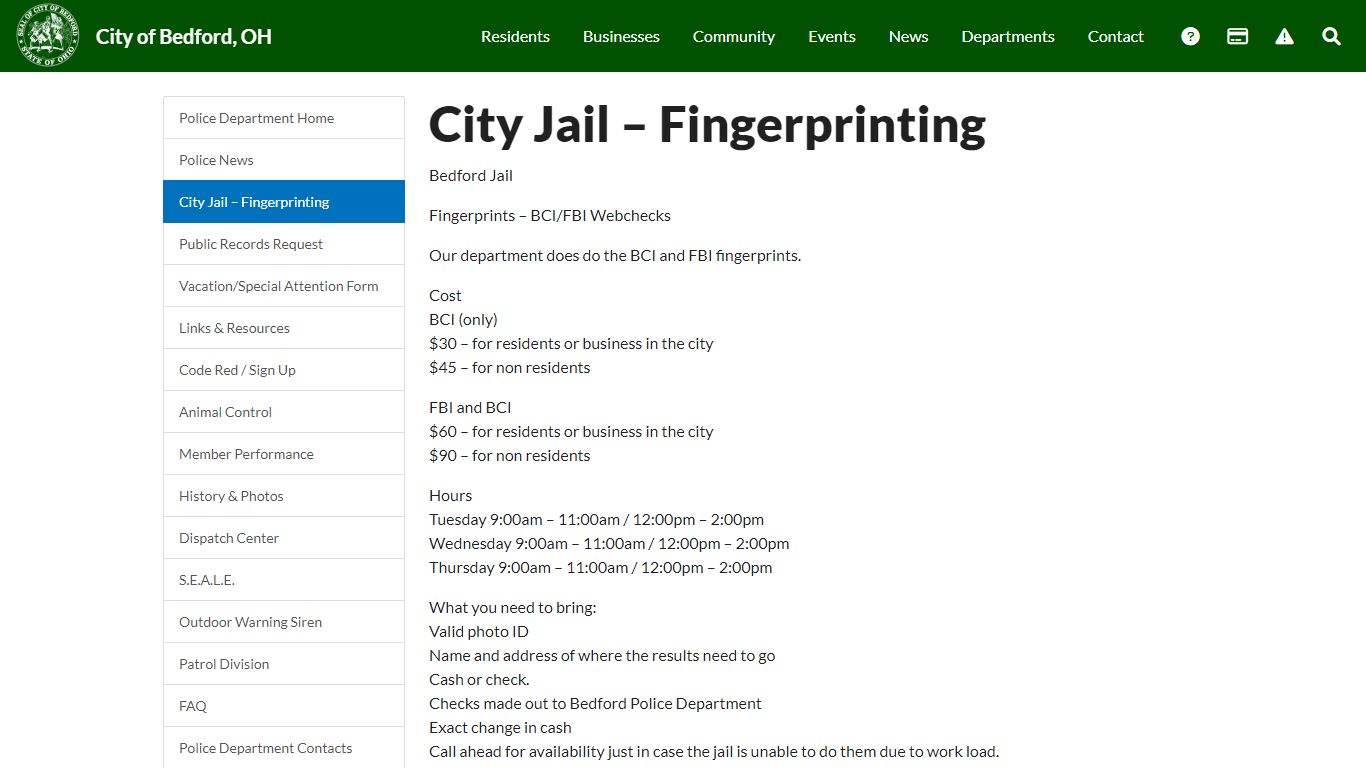 City Jail - Fingerprinting - City of Bedford, OH